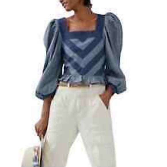 HP 🎉 Love The Label Anthropologie Smocked Puff Sleeve XXS P Blue Chevron Denim - Picture 9 of 10